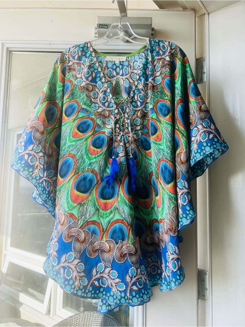 Peacock-Print Swim Coverup Tunic in Blue & Green